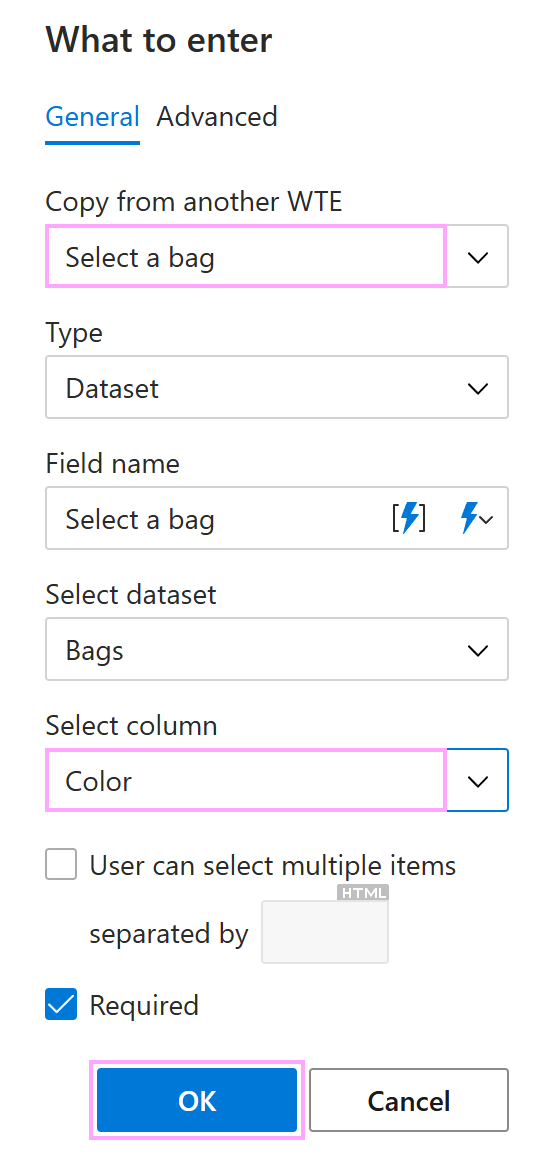 Selecting another dataset column while copying WTE Dataset