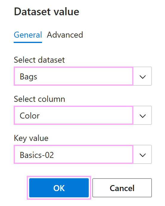 The General tab in the Dataset value dialog