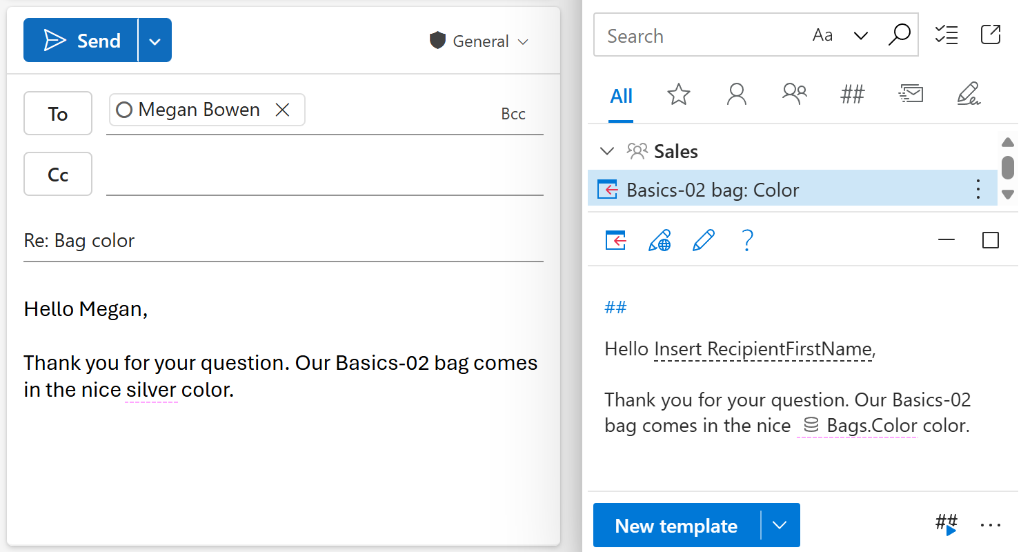 An example of a dataset value automatically inserted into an Outlook email