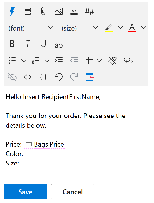 A custom input field for selecting a dataset value in an email template