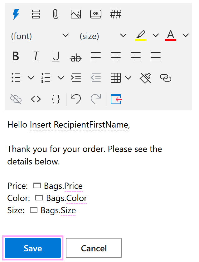 Three custom input fields for selecting a dataset value in an email template