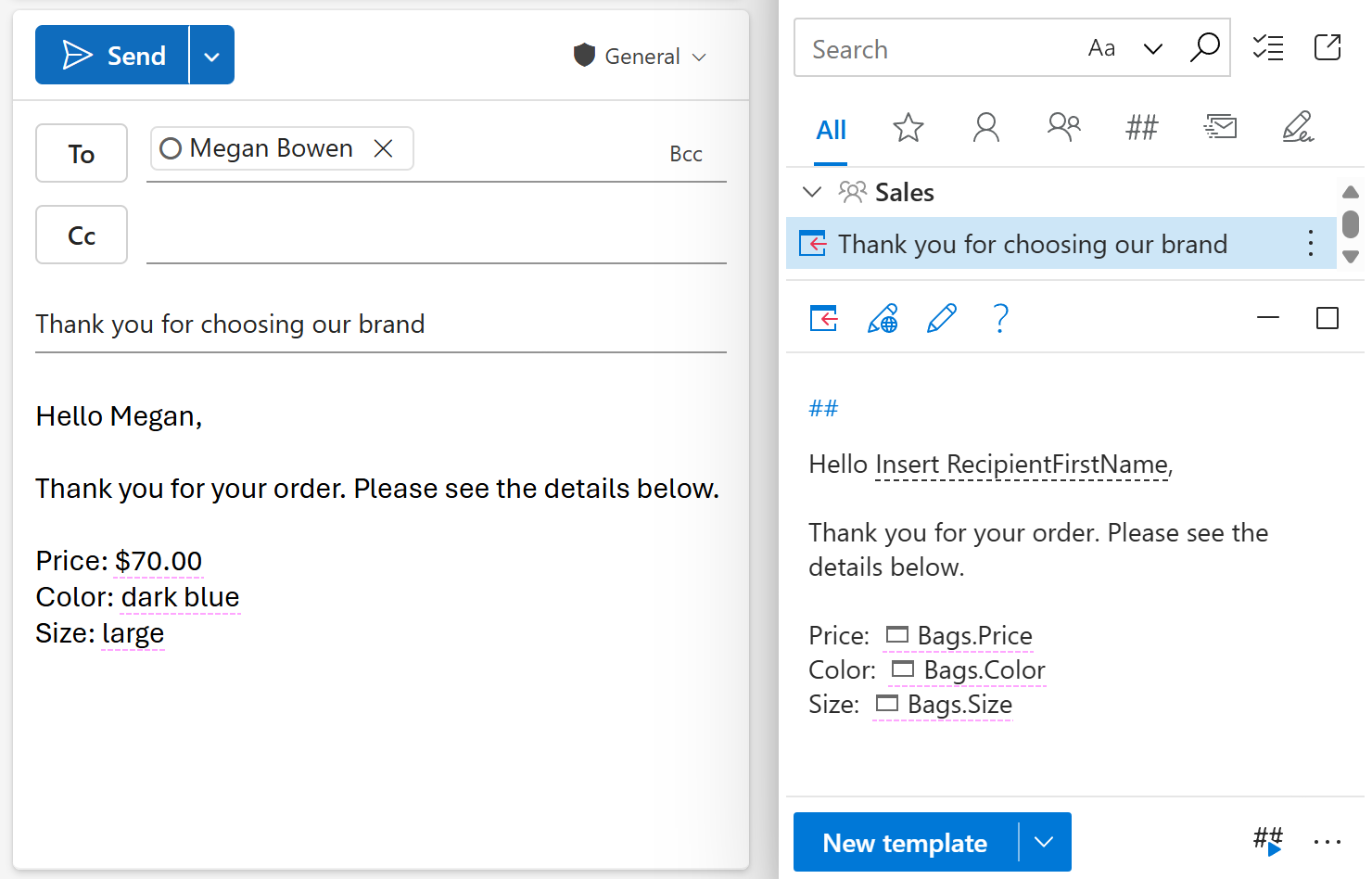 Dataset values inserted into the message body