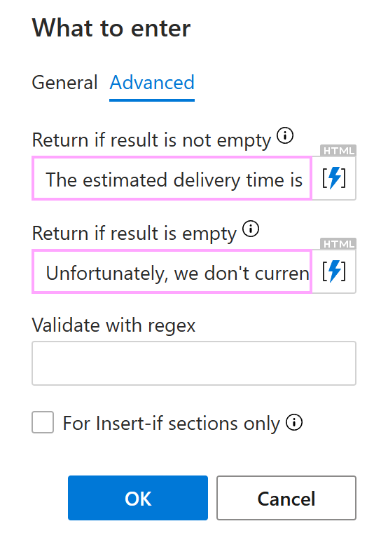 The Advanced tab for the Dataset option in the What to enter dialog The Advanced tab for the Dataset option in the What to enter dialog