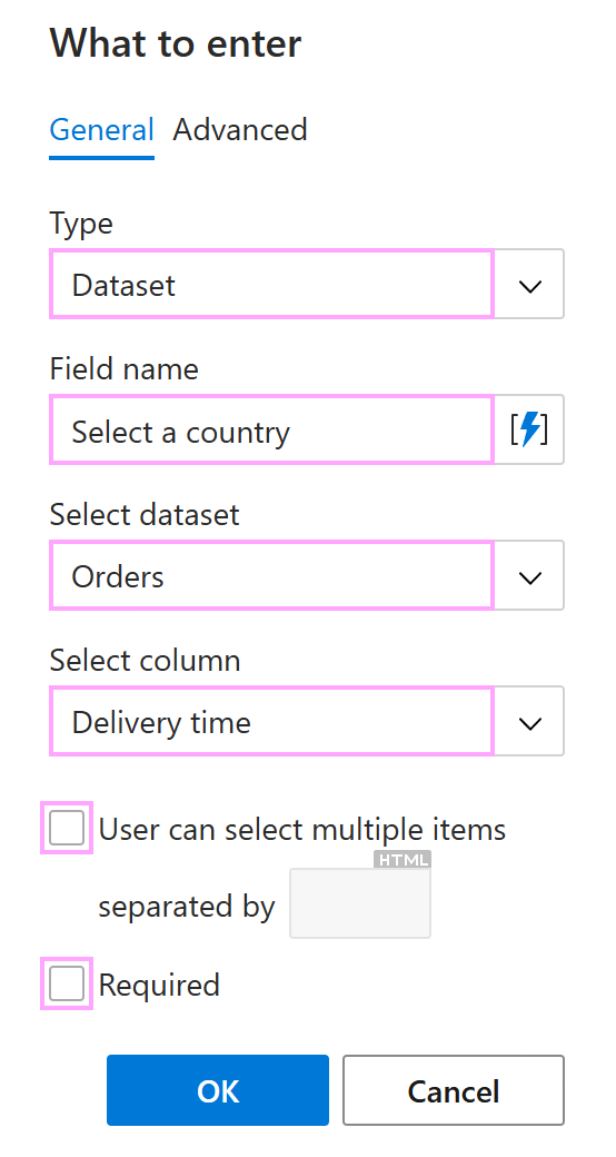 The General tab for the Dataset option in the What to enter dialog The General tab for the Dataset option in the What to enter dialog