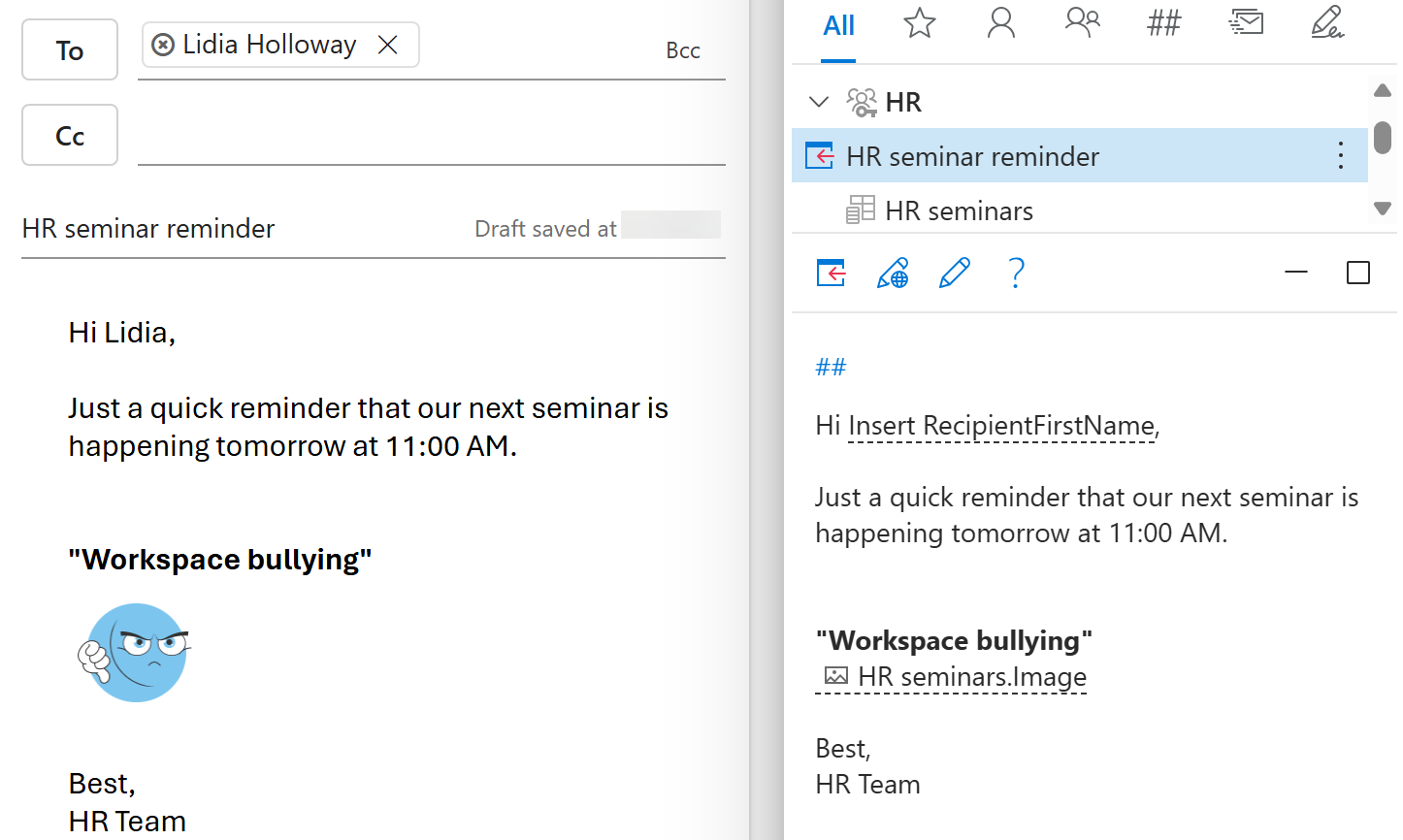 A shared template inserted into an Outlook email with an image from a dataset