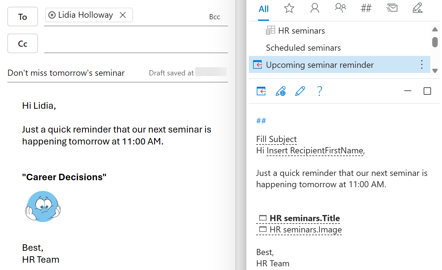 A shared template inserted into an Outlook email with an image selected from a dialog