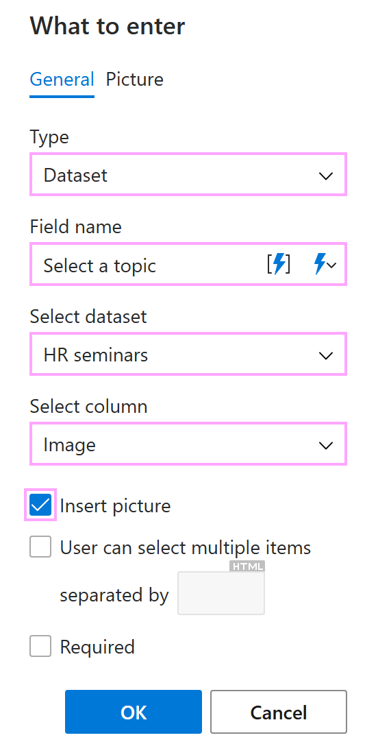 The General tab in the What to enter dialog