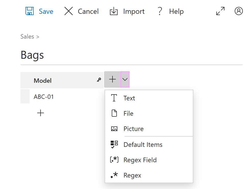 Column types to choose from