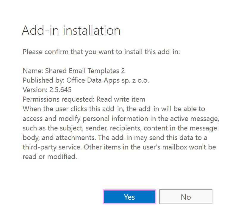 The Add-in installation dialog The Add-in installation dialog