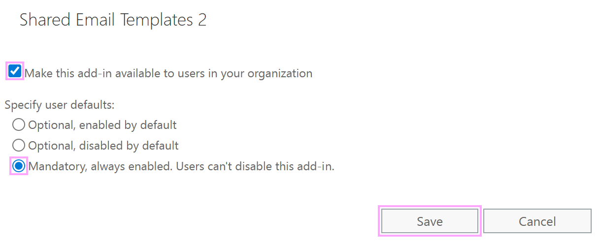 The options to be selected in the Edit Add-in settings window The options to be selected in the Edit Add-in settings window