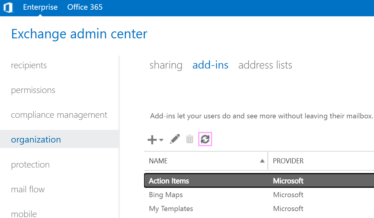 The Refresh button in the Exchange admin center The Refresh button in the Exchange admin center
