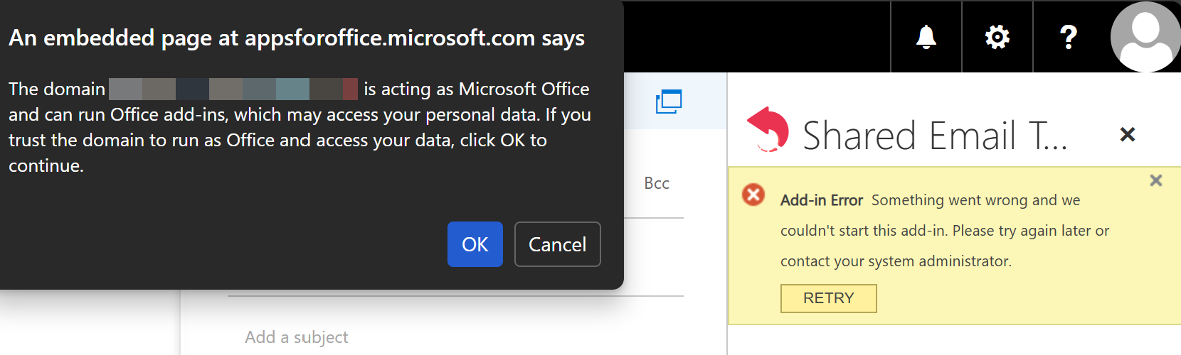 The Microsoft warning asking whether to trust a domain that can run Office add-ins and the add-in error message with the Retry button The Microsoft warning asking whether to trust a domain that can run Office add-ins and the add-in error message with the Retry button