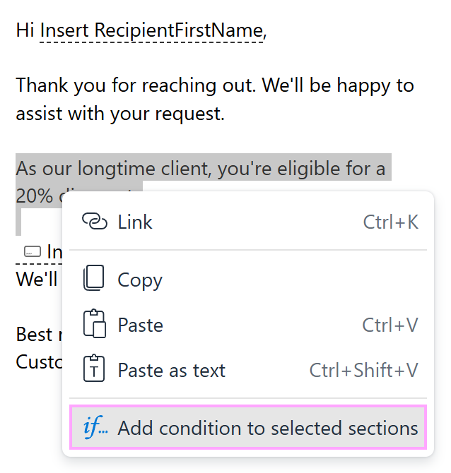 Selecting an option to add a condition to a template part
