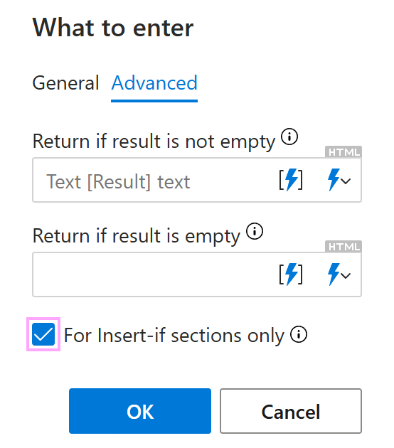 The Advanced tab in the What to enter dialog