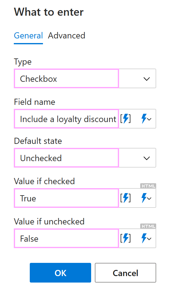 The General tab for a checkbox in the What to enter dialog