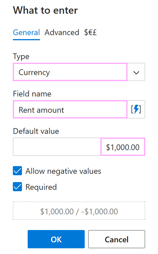 The General tab for a currency amount in the What to enter dialog The General tab for a currency amount in the What to enter dialog