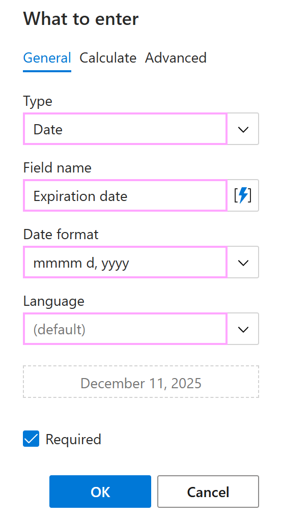 The General tab for Date in the What to enter dialog