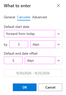 Configure the start and end date settings on the Calculate tab.