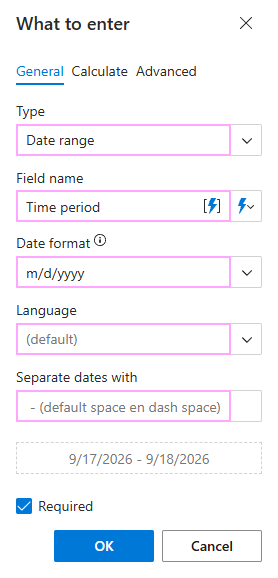Specify the field name, date format, and separator on the General tab.
