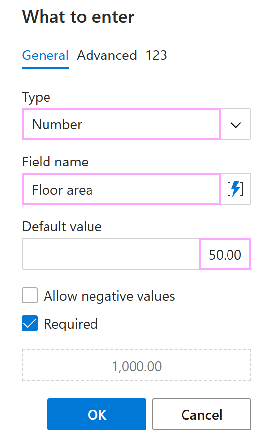 The General tab for Number in the What to enter dialog The General tab for Number in the What to enter dialog