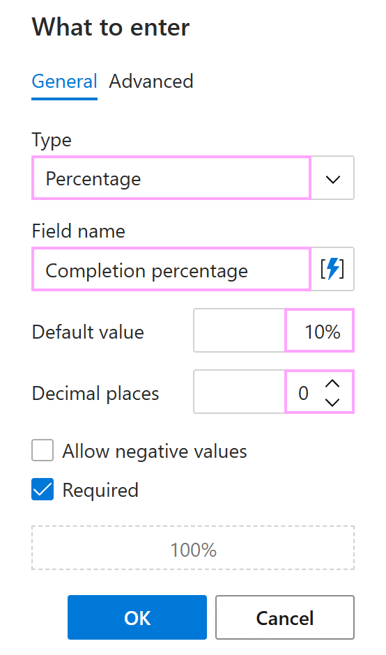The General tab for Percentage in the What to enter dialog The General tab for Percentage in the What to enter dialog