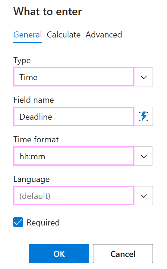 The General tab for Time in the What to enter dialog The General tab for Time in the What to enter dialog