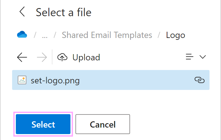 Select an image file to use in Outlook emails.