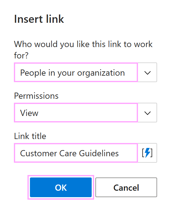 The Insert link dialog The Insert link dialog