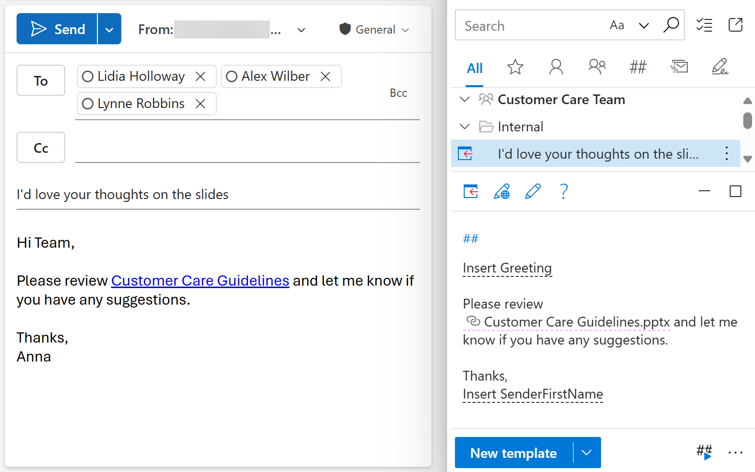 A link to a OneDrive file inserted into an Outlook email with a shared template A link to a OneDrive file inserted into an Outlook email with a shared template