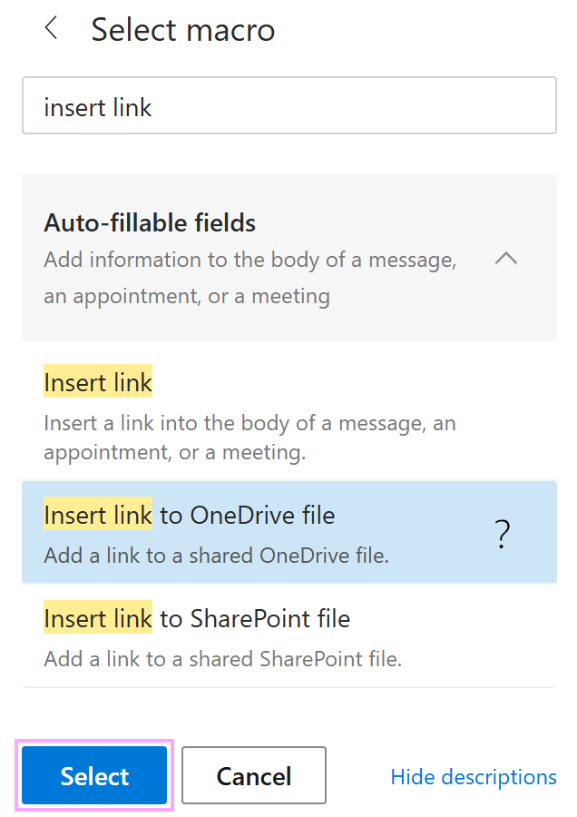 The Insert link to OneDrive file option The Insert link to OneDrive file option