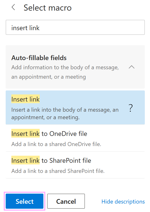 The Insert link option The Insert link option