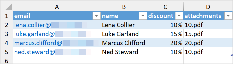 A mailing list with a column for attachments.