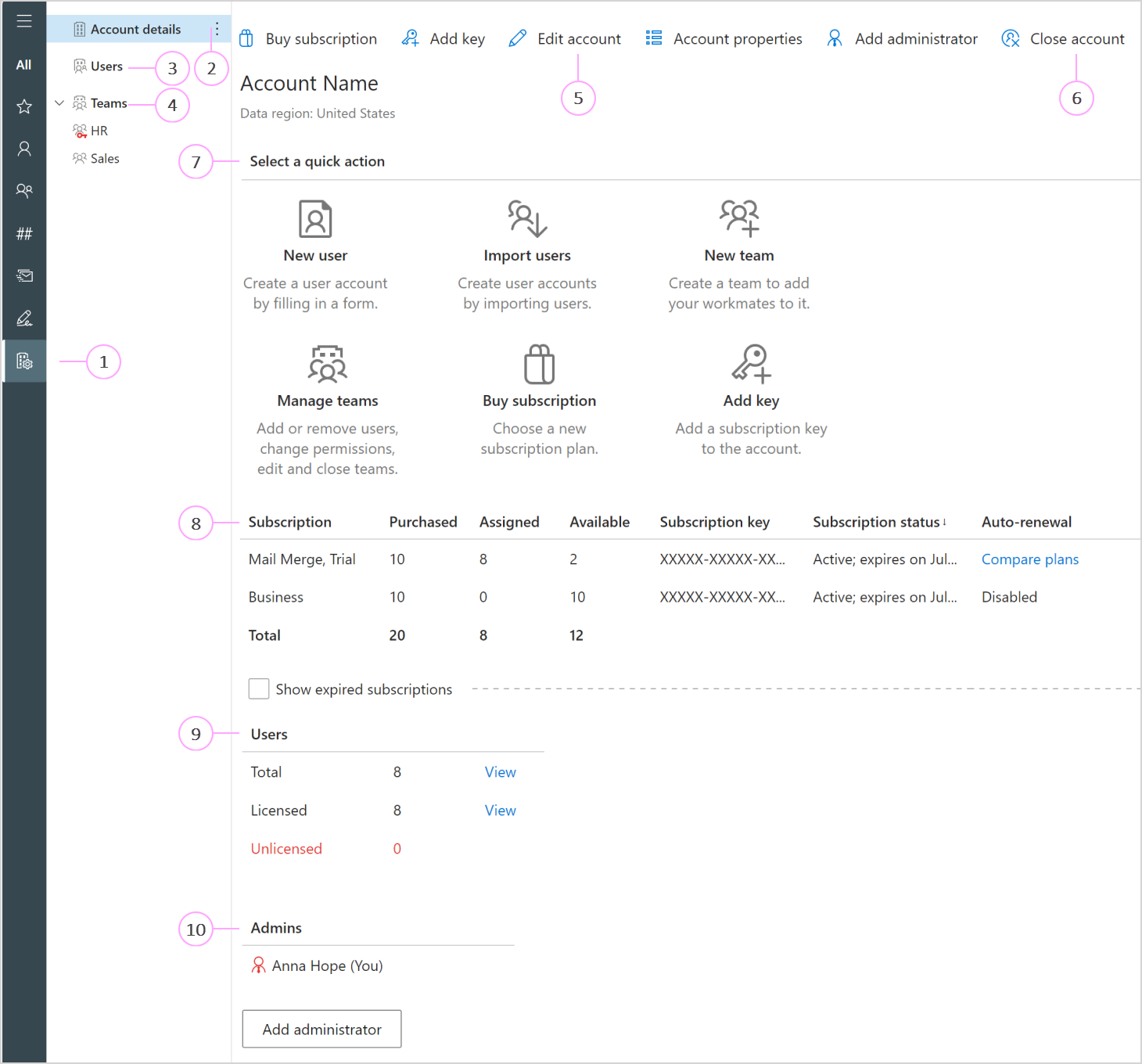 View company account details in the web app.