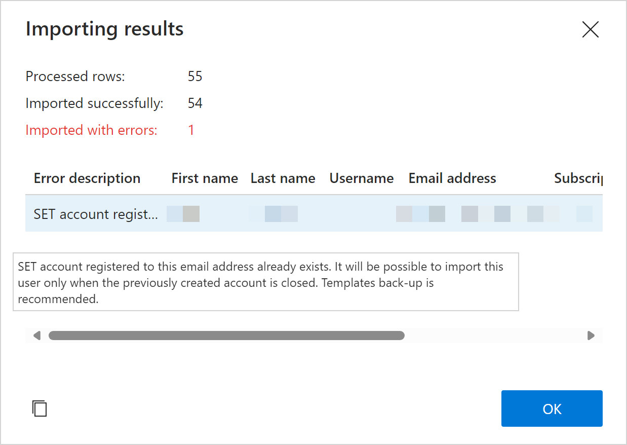 A full error description in the Importing results dialog.