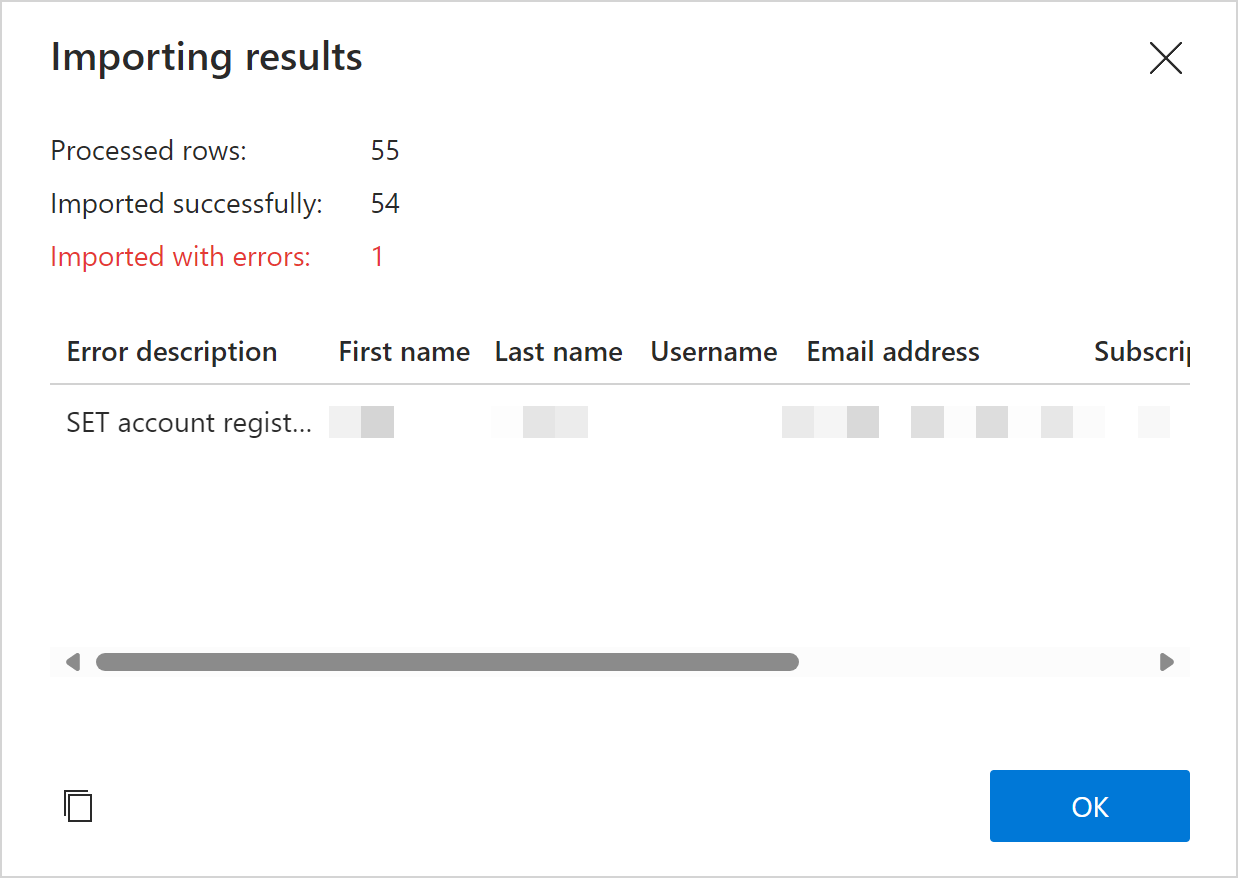 The Importing results dialog with an error description.