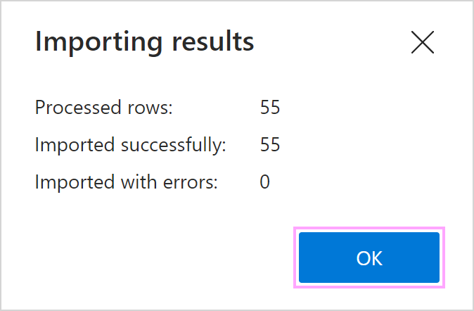 A dialog showing user import results.