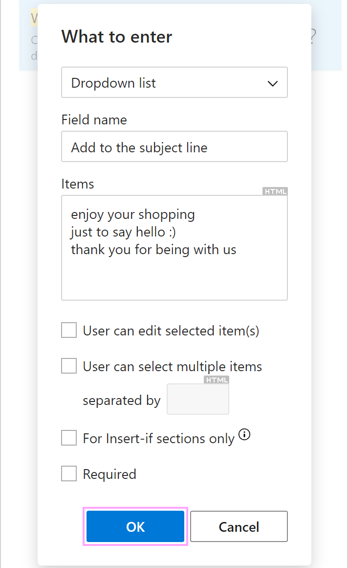 Create a dropdown for an Outlook email subject line.