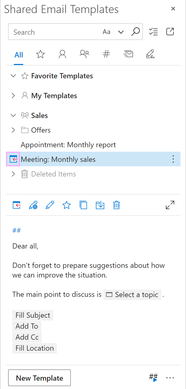 Insert a template when creating a meeting in Outlook.