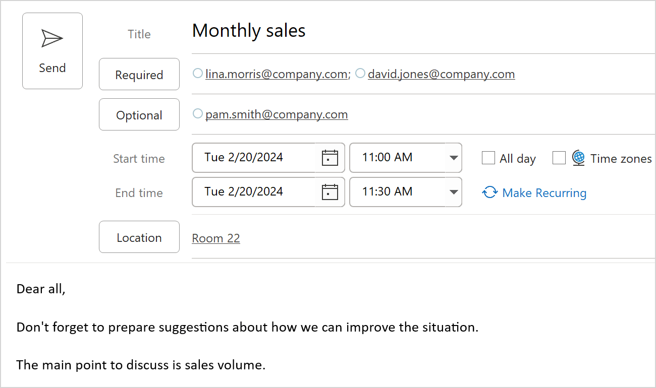 An example of a meeting created from the template.
