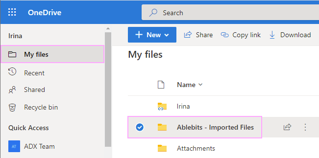 The Ablebits - Imported Files folder in OneDrive.