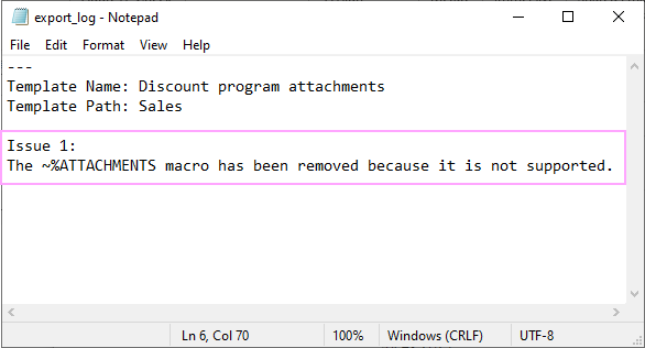 An example of an export issue shown in the log file.