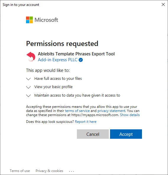 The Permissions requested dialog for Ablebits Template Phrases Export Tool.