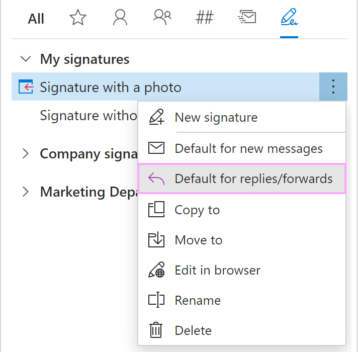 Set up a default signature for replies and forwards.