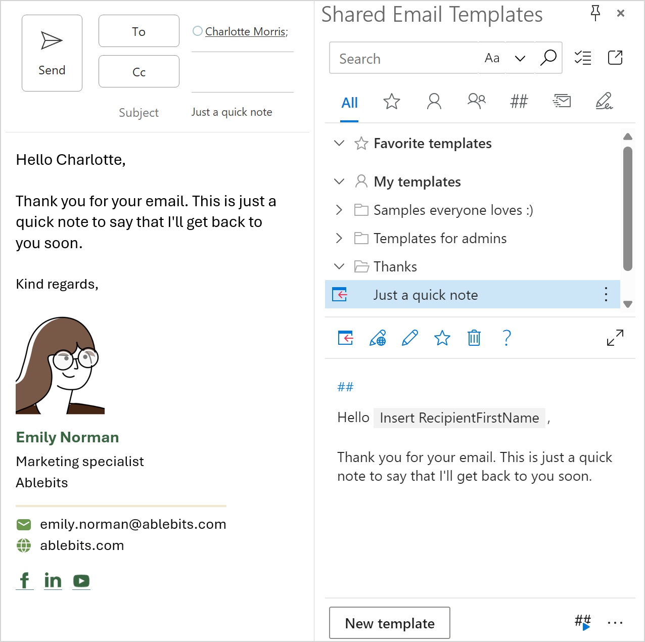 A default personal signature is inserted into an Outlook email.