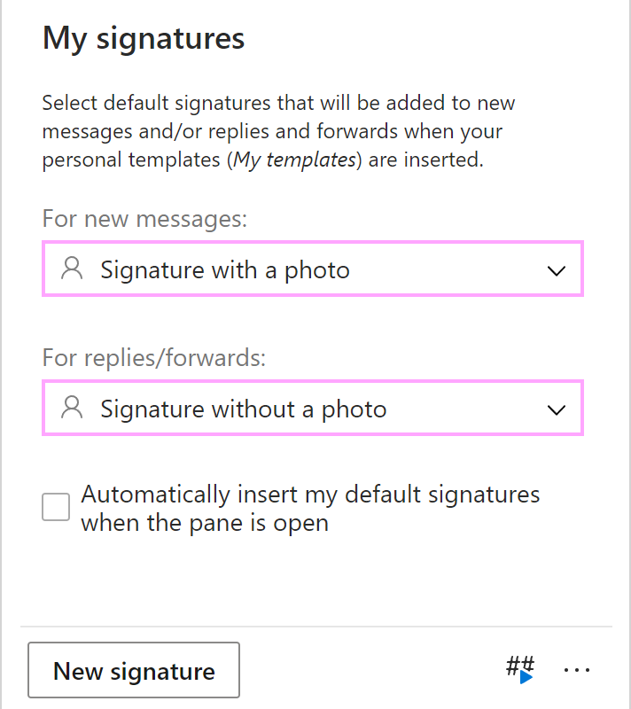 Select personal default signatures.