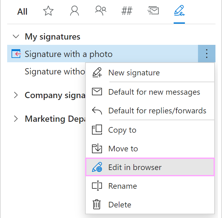 Edit a signature in the web app.