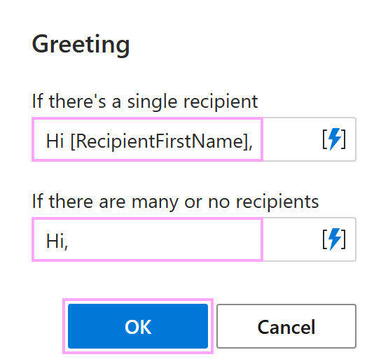 Specifying greeting lines in the Greeting dialog Specifying greeting lines in the Greeting dialog