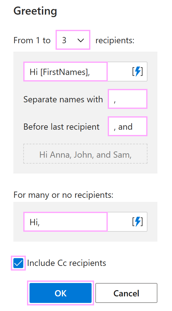 Two versions of the greeting line in the Greeting dialog