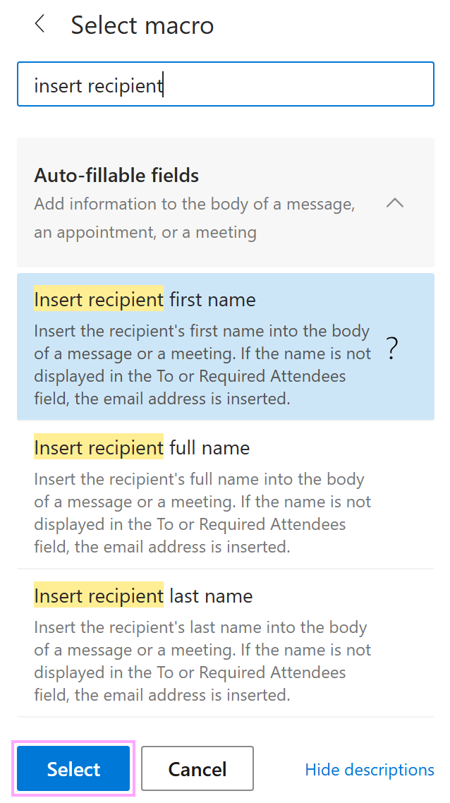 Selecting the Insert recipient first name option Selecting the Insert recipient first name option