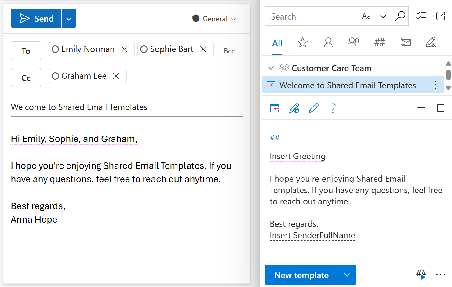 A greeting line in an email with three recipients